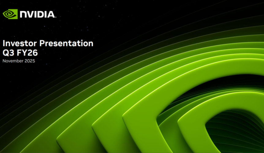 엔비디아 전망을 보여주는 이미지로, NVIDIA가 2025년 11월 발표한 Q3 FY26 인베스터 프레젠테이션 표지가 검은 배경과 녹색 패턴으로 구성되어 있으며 엔비디아 로고와 함께 실적 발표 자료의 시작을 나타낸다.